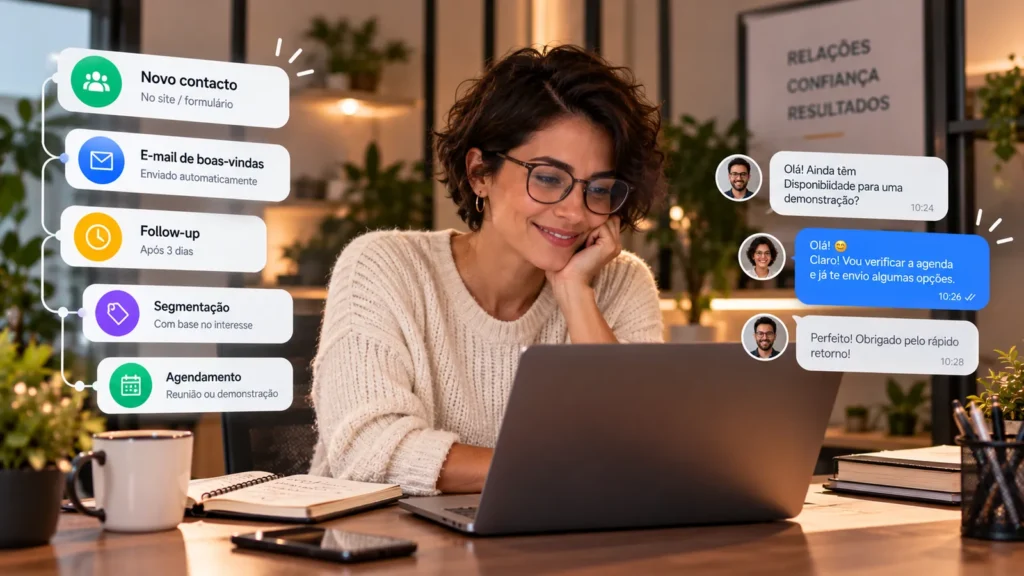 Profissional a utilizar automação de vendas para acompanhar clientes através de um CRM