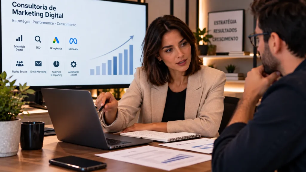 Consultora de marketing digital a apresentar uma análise estratégica a empresário em Portugal, com áreas como SEO, Google Ads, Meta Ads e CRM