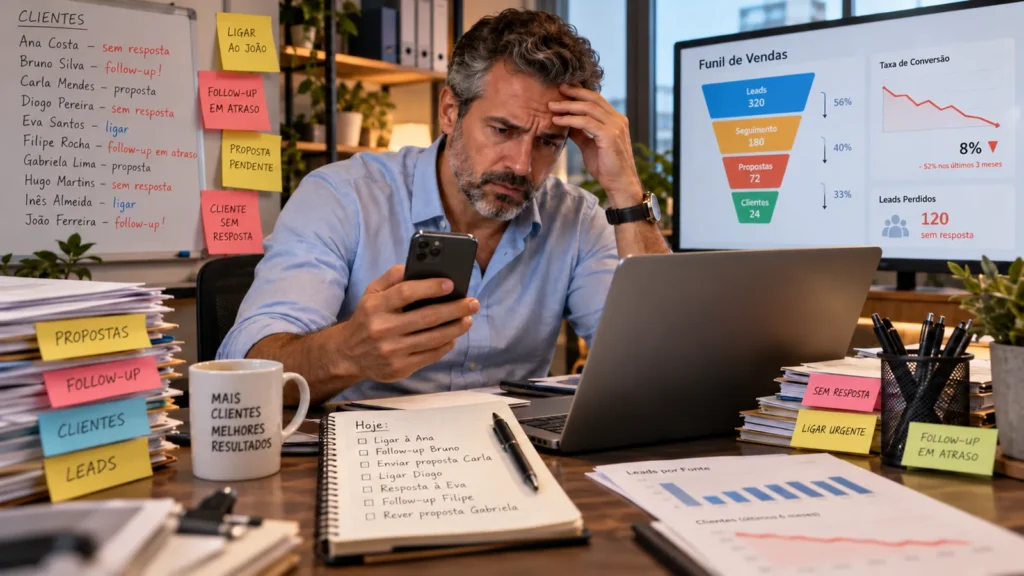 Gestor preocupado sem CRM para empresas, rodeado de post-its de follow-up, propostas pendentes e clientes sem resposta