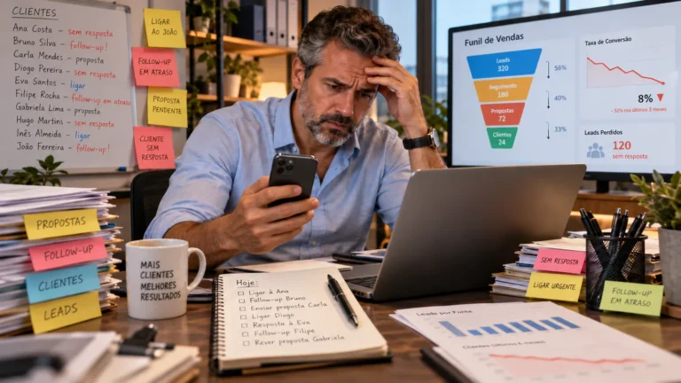 Gestor preocupado sem CRM para empresas, rodeado de post-its de follow-up, propostas pendentes e clientes sem resposta