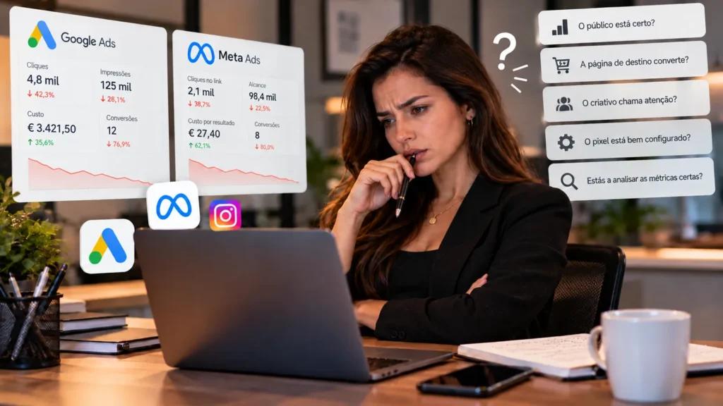 Profissional a analisar campanhas Google Ads sem resultados num dashboard de marketing digital