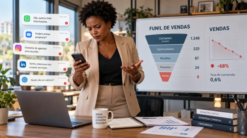 Empresária preocupada com leads que não convertem: mensagens de potenciais clientes no telemóvel e funil de vendas com taxa de conversão de 0,6%