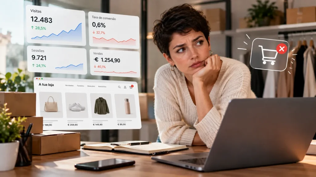 Gestora de e-commerce a analisar porque a loja online não vende apesar de receber visitas, com taxa de conversão de 0,6% e carrinho abandonado